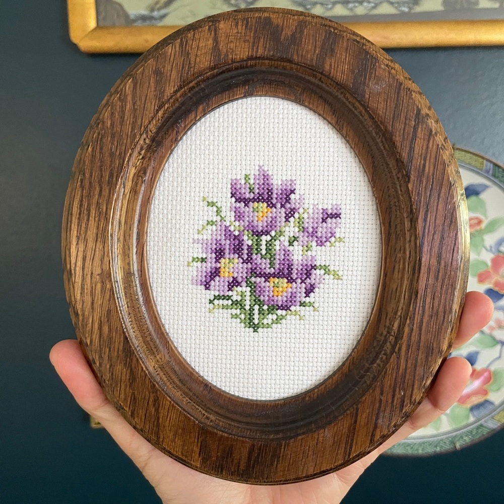 Wooden Framed Purple Floral Embroidery